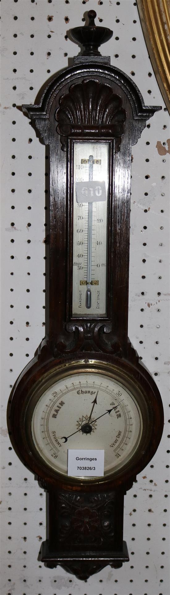 Edwardian carved aneroid barometer and thermometer